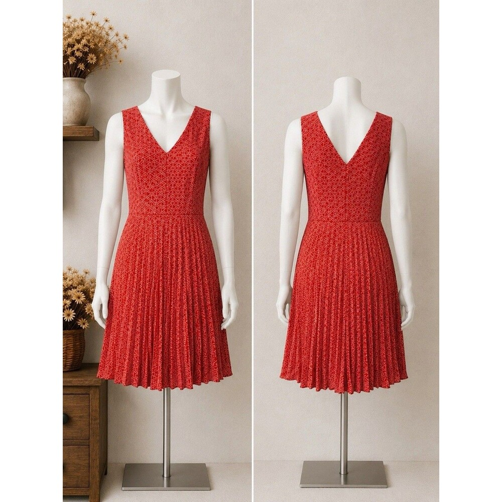 Banana Republic Women’s Size 4 Red Geometric Pleated Fit Flare Chic Midi Dress